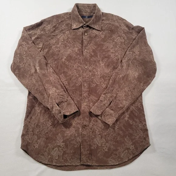 Zegna Sport Men's Corduroy Jacquard Floral Button-Up Shirt Size L Brown Cotton